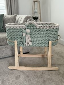 olive and beige crochet moses basket