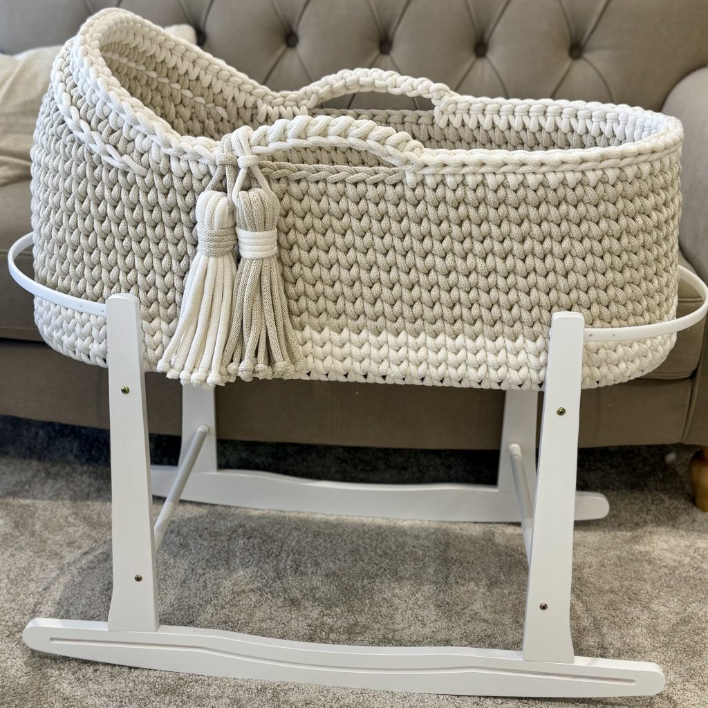 Beige and White Crochet Hooded Moses basket on a white rocking stand