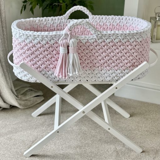 Pink and white crochet moses basket