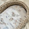 Crochet Changing basket in cappuccino colour, with animal world print changing mat