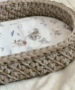 Crochet Changing basket in cappuccino colour, with animal world print changing mat