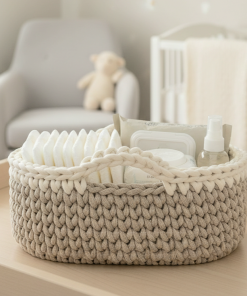 Classic Nappy Caddy in Cappuccino and Vanilla on a baby changer in a nursery.