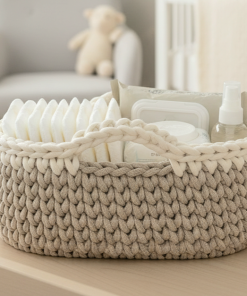 Classic Nappy Caddy in Cappuccino and Vanilla on a baby changer in a nursery.