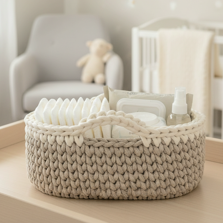 Classic Nappy Caddy in Cappuccino and Vanilla on a baby changer in a nursery.